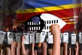 mutiny stopping concept - protest in Swaziland on flag background, police officers stand against the protesting crowd - military