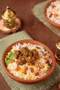 Mutton biryani Chicken biryani Spicy Indian Malabar biryani Hyderabadi biryani Royalty Free Stock Photo