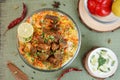 Mutton biryani Chicken biryani Spicy Indian Malabar biryani Hyderabadi biryani Royalty Free Stock Photo