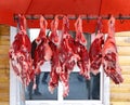 Mutton hanging at a farmers` market, adobe rgb