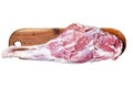 Mutton meat. Raw whole lamb leg thigh on butcher board. Isolated, white background.