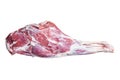 Mutton meat. Raw whole lamb leg thigh on butcher board. Isolated on white background.