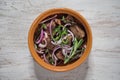 Mutton pieces stewed in a pot. Top view.