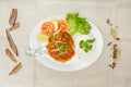 Mutton Raan masala with gravy and salad served in a dish isolated on table top view of indian spices food Royalty Free Stock Photo