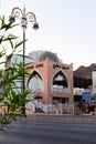 The Muttrah souq building entrance is illuminated by sun rise at early morning