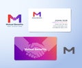 Mutual Benefit Abstract Vector Sign, Symbol or Logo Template and Business Cards. Hand Shake Incorporated in Letter M