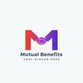 Mutual Benefit Abstract Vector Sign, Symbol or Logo Template. Hand Shake Incorporated in Letter M Concept.