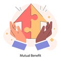 Mutual benefit. Two hands collaboratively form a puzzle arrow. Partnership