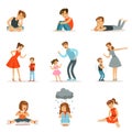 Mutual relations of parents and children, mom and dad scream and scold their children, negative children emotions