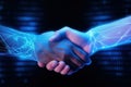 Mutual respect and empathy, connection concept. Closeup of human handshake with impulses traveling along the hands