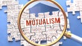 Mutualism and related ideas on a puzzle pieces. A metaphor showing complexity of Mutualism analyzed with a help of a magnifying