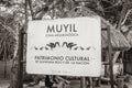 Muyil temple ruins information entrance welcome sing board in Mexico