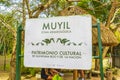 Muyil temple ruins information entrance welcome sing board in Mexico