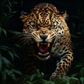 Muzzle angry and beautiful leopard on a black background closeup