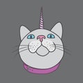 The muzzle of the cat that looks up. Cat with a horn. Vector fairy illustration.