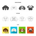 Muzzle of different breeds of dogs.Dog breed of dachshund, lapdog, beagle, pug set collection icons in flat,outline Royalty Free Stock Photo