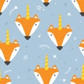 Muzzle of foxes are unicorns, stars, colorful seamless pattern