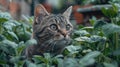 Muzzle of gray cat in green grass, kitty is walking in park or garden. Generative AI Royalty Free Stock Photo