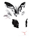 Muzzle magical white rabbit with black spots on the ears and eye