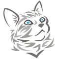 Muzzle, silhouette of a gray cat with blue eyes, drawn by a variety of lines. Logo portrait image of a gray cat