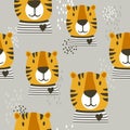 Muzzle of tigers, decorative cute background. Colorful seamless pattern with muzzles of animals