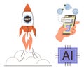 MVP Rocket Launch with AI Integration and Secure Mobile Interaction Concepts Royalty Free Stock Photo