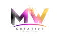 MW M W Letter Logo Design with Magenta Dots and Swoosh