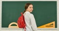 My backpack is just right. Girl in school classroom copy space. School project. Clever teenager student. Educative Royalty Free Stock Photo