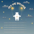 My big dreams for children. Magic starry sky with cute polar bear on a swing. Outer space. Vector illustration Royalty Free Stock Photo