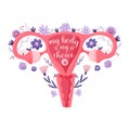 My body my choice. Uterus with flowers, female reproductive system. Concept of female rights to abortion. Abortion flyer pro