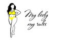 My body is my rule. Body positive concept. Girl on a white background in a swimsuit. Woman in a bikin. Yellow