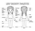 My Body Parts and cartoon isolated pretty little Girl. Poster for education Game with description for children. Front and Back