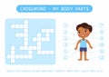 My body parts crossword flat vector template. Learning human anatomy kids puzzle, cute worksheet, educational game with little boy