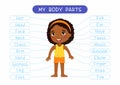 My body parts educational infographic kids poster. Cute african little girl showing external organs names. Royalty Free Stock Photo