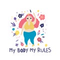 My body my rules. The plus-size girl is happy. Feminism. Doodle style.