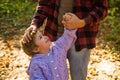 My father is my world. Parental support. Help kid explore world. Dad hold hand of little boy. Manly father upbringing Royalty Free Stock Photo