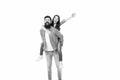 My father is super. Father carry daughter piggyback. Little child and father have fun together. Happy family in photo Royalty Free Stock Photo