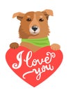 My Feelings. Lovely Dog With Heart And Text I Love You. Greeting Card With Cute Animals.