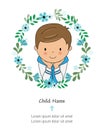 My first communion boy card. Boy inside flower frame. Royalty Free Stock Photo