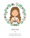 My first communion card. girl inside flower frame