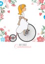My First Communion Card. Girl Riding Vintage Bicycle