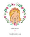 My first communion girl card. Girl inside flower frame. Royalty Free Stock Photo