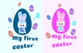 My first Easter. Card with a cute little rabbit. Bunny and colorful eggs. pink and blue for boy and girl. Vector