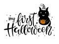 My first Halloween lettering with black cat wearing witch hat. Celebration quote for baby Halloween. Sublimation print