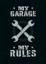 My Garage. My Rules. Creative Man Cave Motivation Interior Poster Design Concept