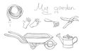 My garden. Vector set of gardening tools: wheelbarrow, watering can, prunner, hoe, gloves, hose for irrigation Royalty Free Stock Photo