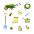 My garden. Vector set of gardening tools: wheelbarrow, watering can, prunner, hoe, protective gloves, hose Royalty Free Stock Photo