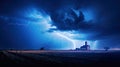 My God and Church protect us. Blue stormy sky with lightnings over a Church in the countryside Royalty Free Stock Photo