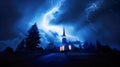 My God and Church protect us. Blue stormy sky with lightnings over a Church in the countryside Royalty Free Stock Photo