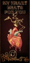 My heart beats for you. Anti Valentines day card, raven skeleton and heart with blood Royalty Free Stock Photo